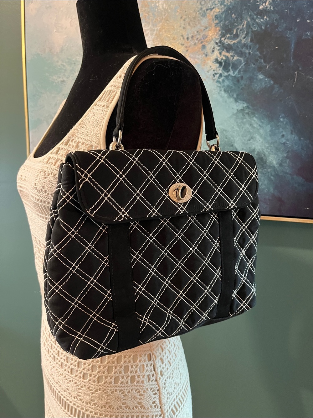 Vera Bradley Black Quilted Satchel with White Stitching - Picture 9 of 10